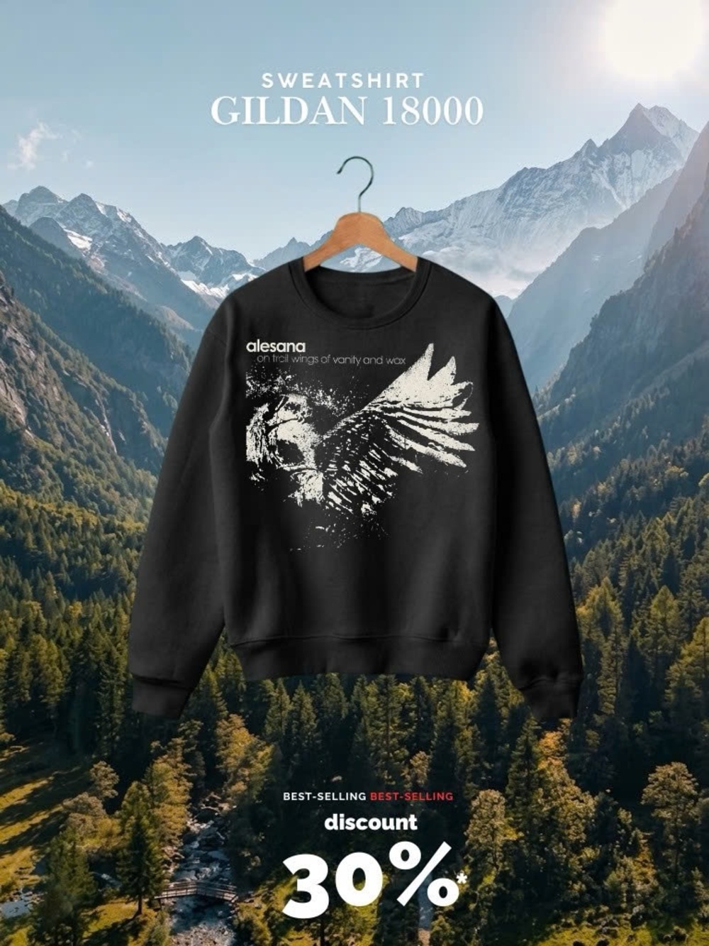 Gildan Black Crewneck Sweatshirt with White Wing Graphic